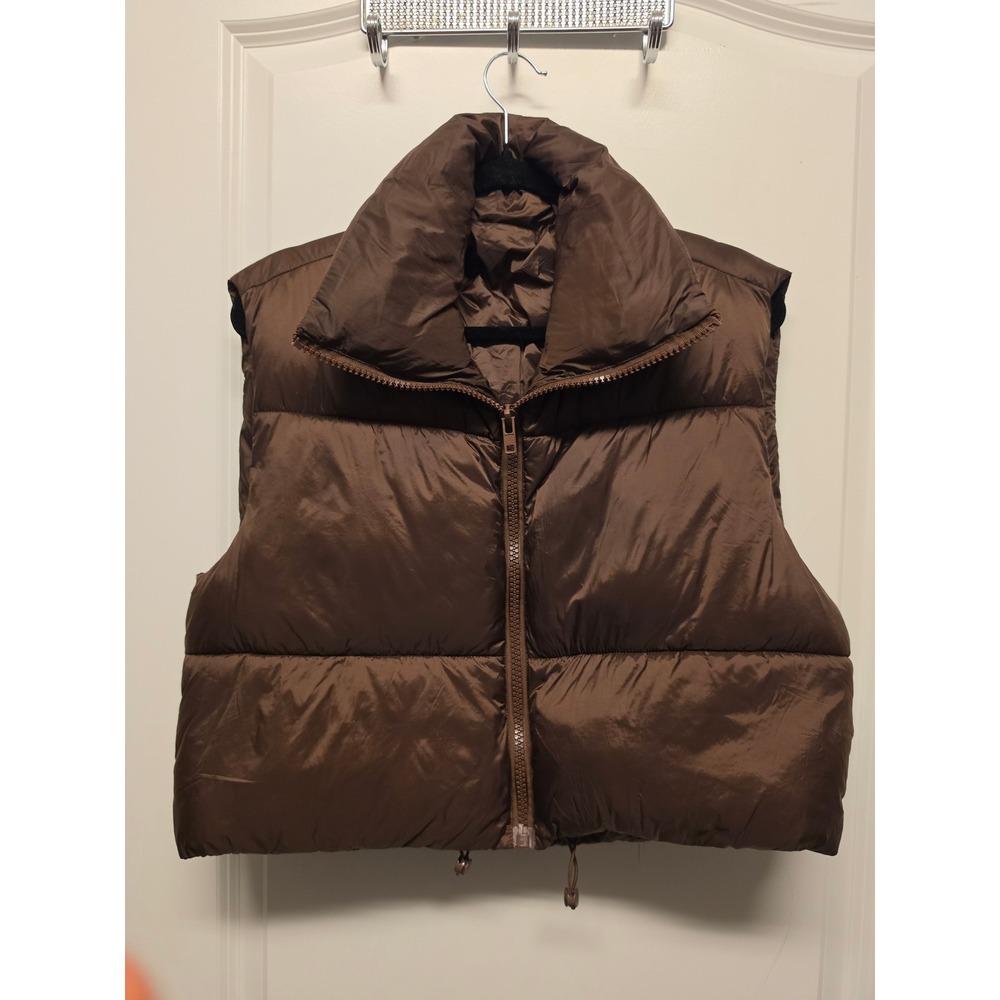 Brown Cropped Puffer Vest Oversized Collar Drawstring Hem Size 8